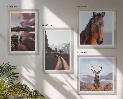 Set de 4 cuadros para salón paisajes de montaña con camino y renos