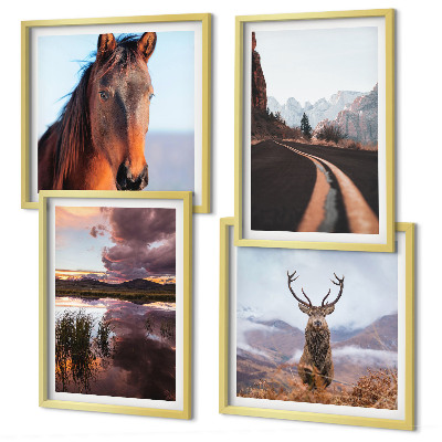Set de 4 cuadros para salón Paisajes de montaña, camino para caballos de reno