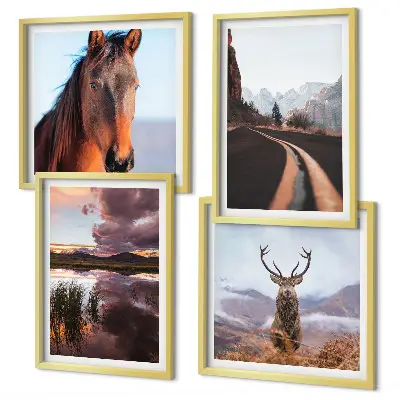 Set de 4 cuadros para salón paisajes de montaña con camino y renos