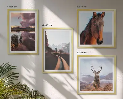 Set de 4 cuadros para salón paisajes de montaña con camino y renos