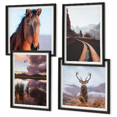 Set de 4 cuadros para salón Paisajes de montaña, camino para caballos de reno