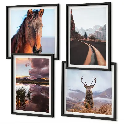 Set de 4 cuadros para salón paisajes de montaña con camino y renos