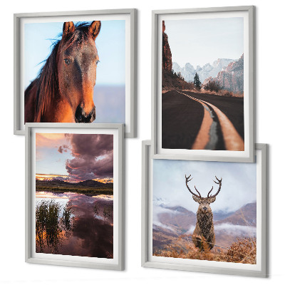 Set de 4 cuadros para salón Paisajes de montaña, camino para caballos de reno