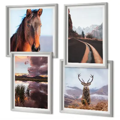 Set de 4 cuadros para salón paisajes de montaña con camino y renos