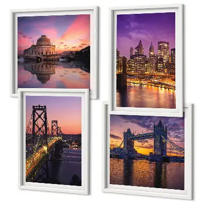 Galería de pared con vistas de puentes y sol en la ciudad