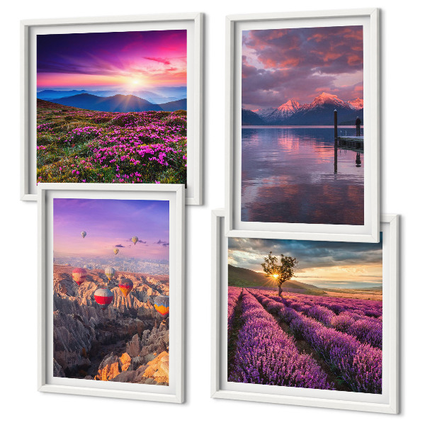 Set de cuadros modernos para salón Atardecer en los campos de lavanda
