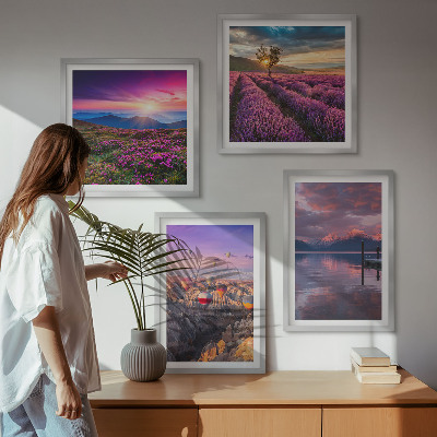 Set de cuadros modernos para salón Atardecer en los campos de lavanda