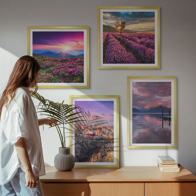 Set de cuadros modernos para salón Atardecer en los campos de lavanda