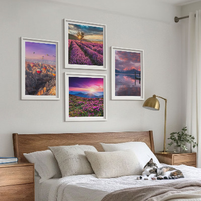 Set de cuadros modernos para salón Atardecer en los campos de lavanda