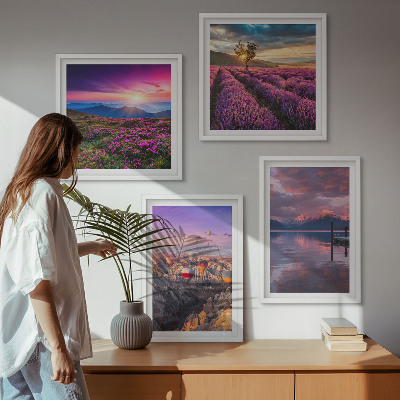 Set de cuadros modernos para salón Atardecer en los campos de lavanda