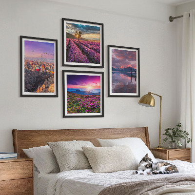 Set de cuadros modernos para salón Atardecer en los campos de lavanda