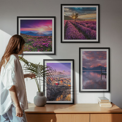 Set de cuadros modernos para salón Atardecer en los campos de lavanda