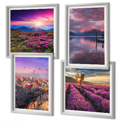 Set de cuadros modernos para salón Atardecer en los campos de lavanda