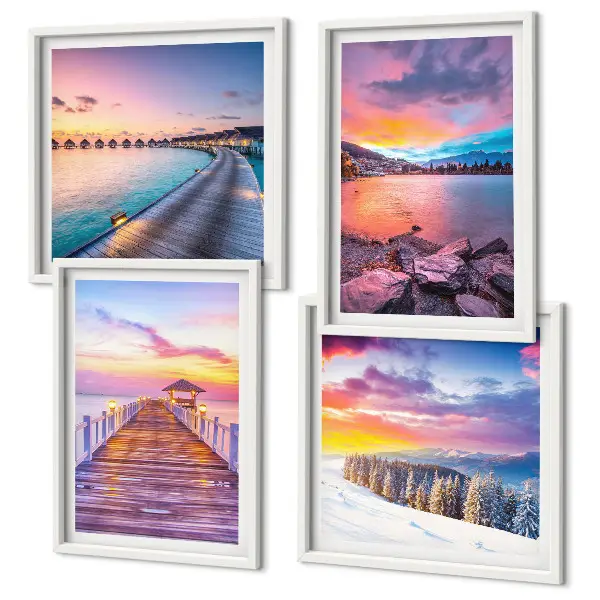 Set de 4 cuadros para salón con diseño de paisaje invernal de montaña con muelle