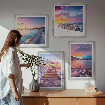 Set de 4 cuadros para salón con diseño de paisaje invernal de montaña con muelle