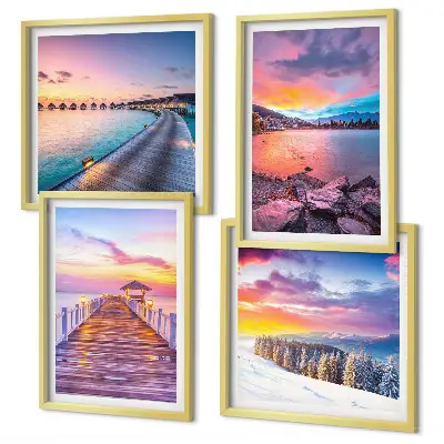 Set de 4 cuadros para salón con diseño de paisaje invernal de montaña con muelle