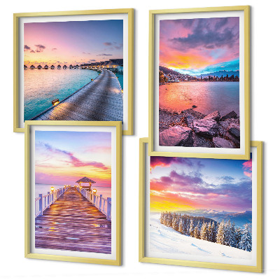 Set de 4 cuadros para salón Paisaje invernal de la montaña del muelle