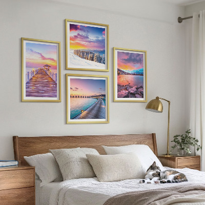 Set de 4 cuadros para salón Paisaje invernal de la montaña del muelle