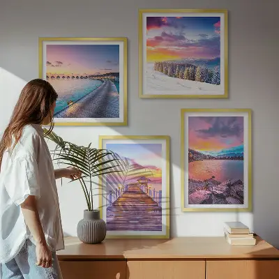 Set de 4 cuadros para salón con diseño de paisaje invernal de montaña con muelle