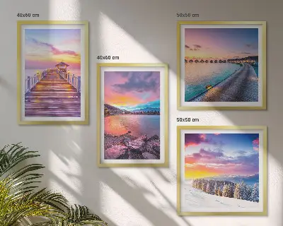 Set de 4 cuadros para salón con diseño de paisaje invernal de montaña con muelle