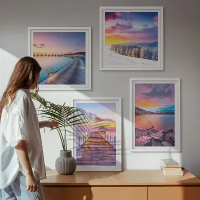 Set de 4 cuadros para salón con diseño de paisaje invernal de montaña con muelle