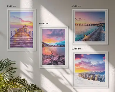 Set de 4 cuadros para salón con diseño de paisaje invernal de montaña con muelle