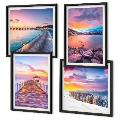 Set de 4 cuadros para salón con diseño de paisaje invernal de montaña con muelle