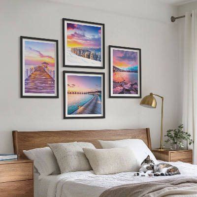Set de 4 cuadros para salón Paisaje invernal de la montaña del muelle