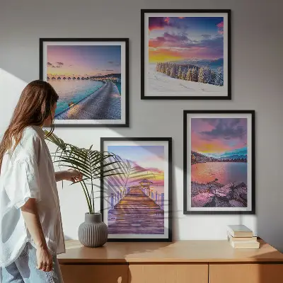 Set de 4 cuadros para salón con diseño de paisaje invernal de montaña con muelle