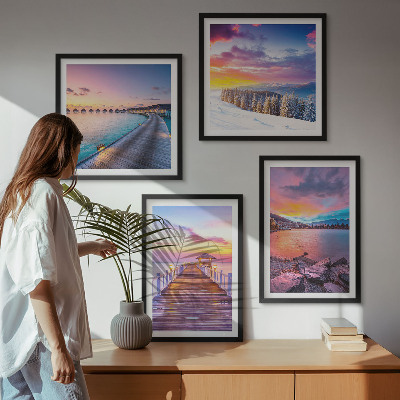 Set de 4 cuadros para salón Paisaje invernal de la montaña del muelle