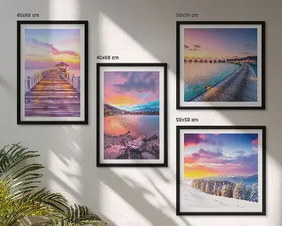 Set de 4 cuadros para salón con diseño de paisaje invernal de montaña con muelle