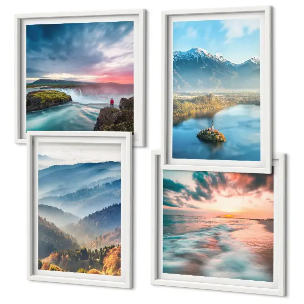 Galería de pared con paisajes de montañas y cascadas