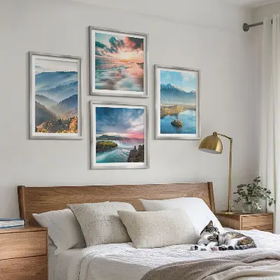Galería de pared con paisajes de montañas y cascadas