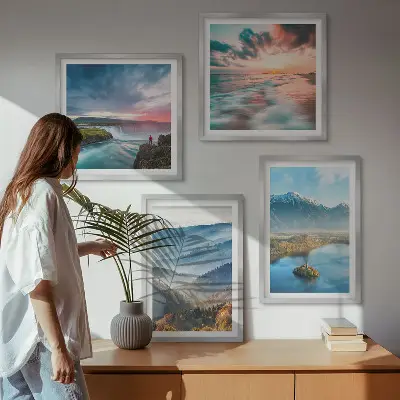 Galería de pared con paisajes de montañas y cascadas