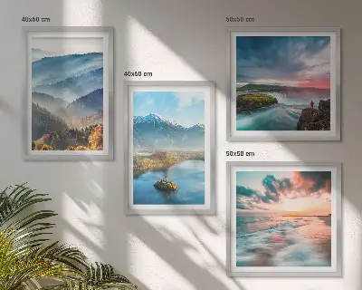 Galería de pared con paisajes de montañas y cascadas