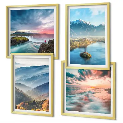 Galería de pared con paisajes de montañas y cascadas