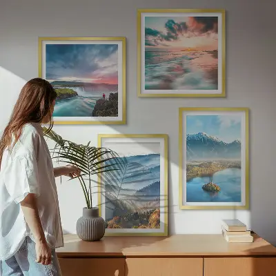 Galería de pared con paisajes de montañas y cascadas