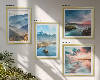 Galería de pared con paisajes de montañas y cascadas