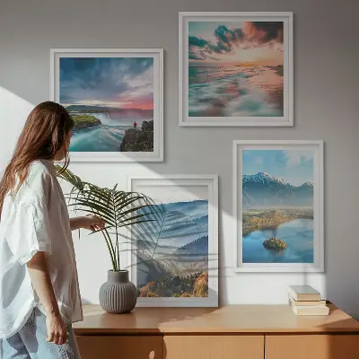 Galería de pared con paisajes de montañas y cascadas