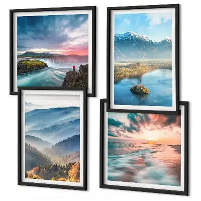 Galería de pared con paisajes de montañas y cascadas