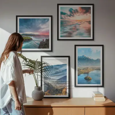 Galería de pared con paisajes de montañas y cascadas