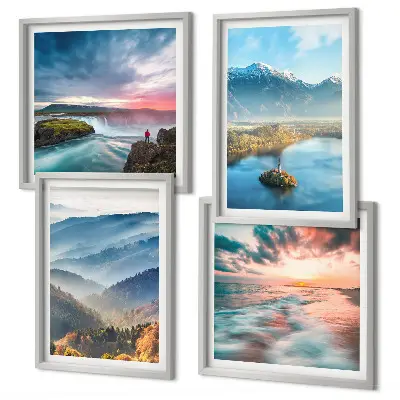 Galería de pared con paisajes de montañas y cascadas