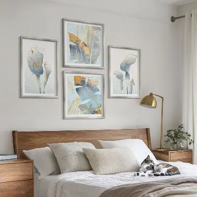 Set de cuadros modernos para salón con diseño de flores azules