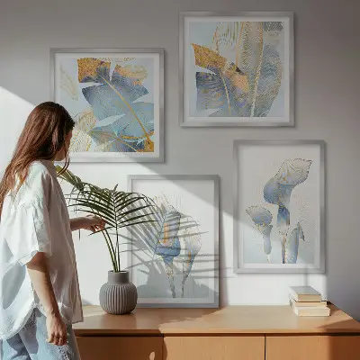 Set de cuadros modernos para salón con diseño de flores azules