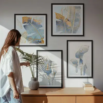Set de cuadros modernos para salón con diseño de flores azules