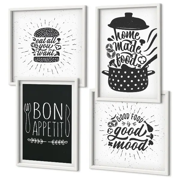 Galería de pared con eslóganes gráficos sobre comida y gastronomía
