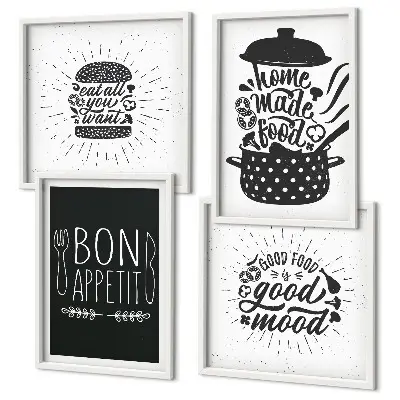 Galería de pared con eslóganes gráficos sobre comida y gastronomía