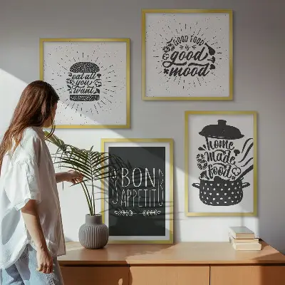 Galería de pared con eslóganes gráficos sobre comida y gastronomía