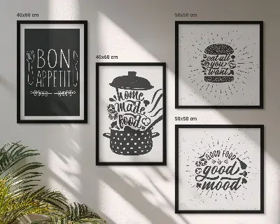 Galería de pared con eslóganes gráficos sobre comida y gastronomía