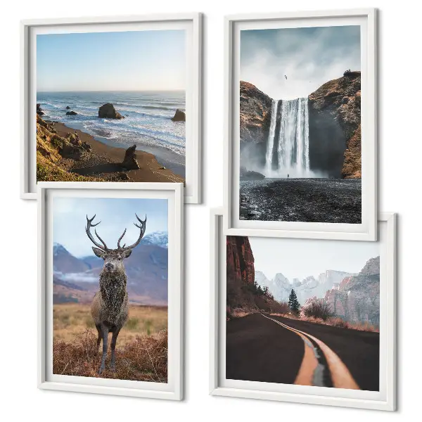 Set de cuadros modernos para salón con diseño de paisajes de montaña, cascadas, ciervos y playas